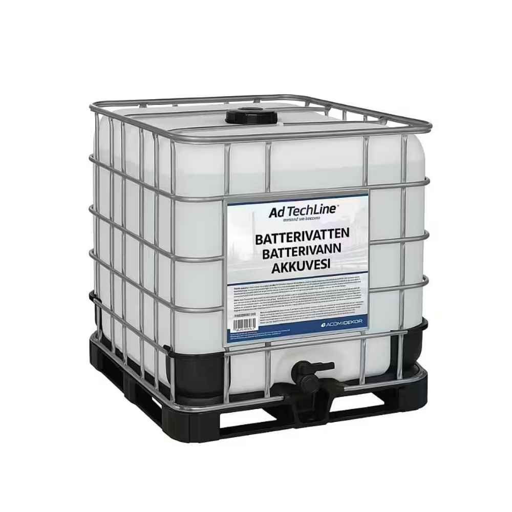 Avjoniserat batterivatten 1000 liter i IBC-tank med fri frakt för företag