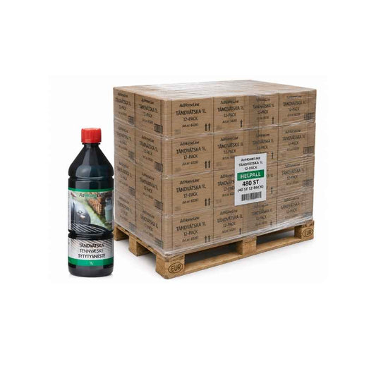 AdHomeLine Tändvätska 1 liter helpall med 480 flaskor och 40 st 12-pack för företag och storförbrukning.
