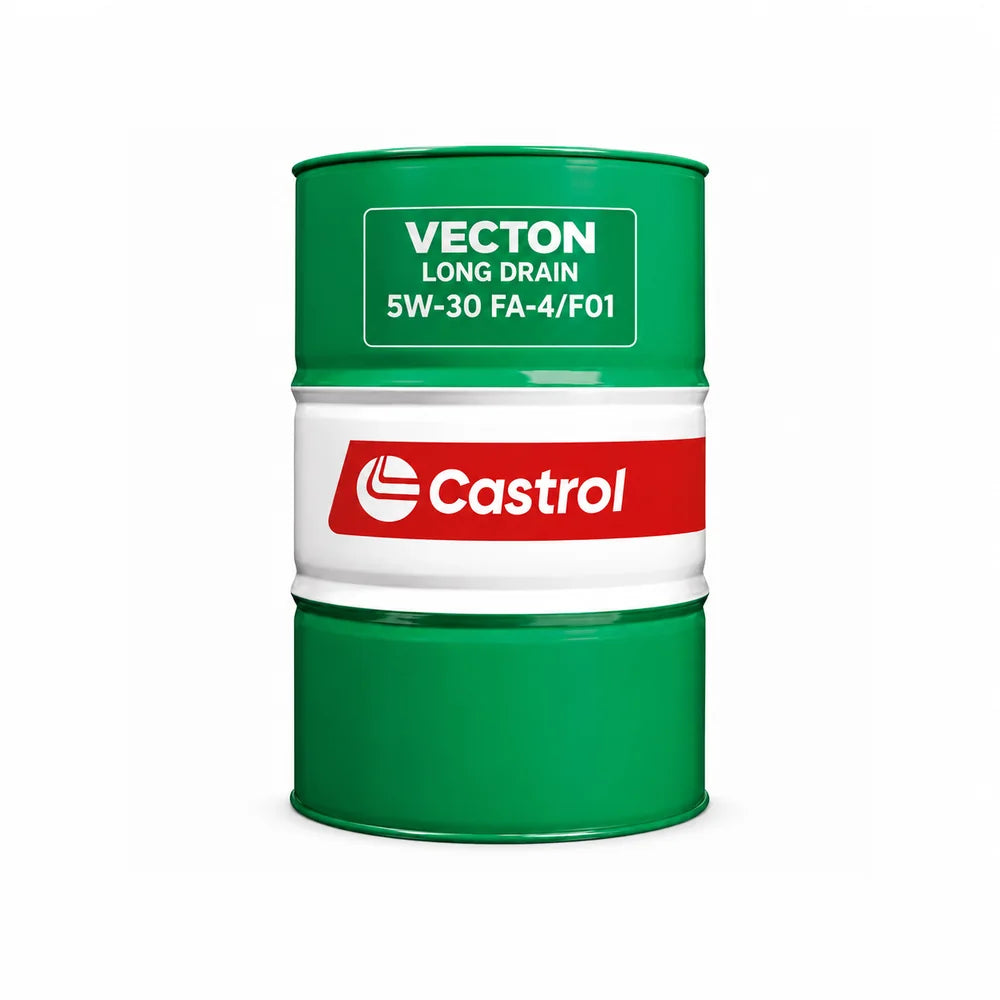 Grönt Castrol-fat med texten Vecton Long Drain 5W-30 FA-4/F01.