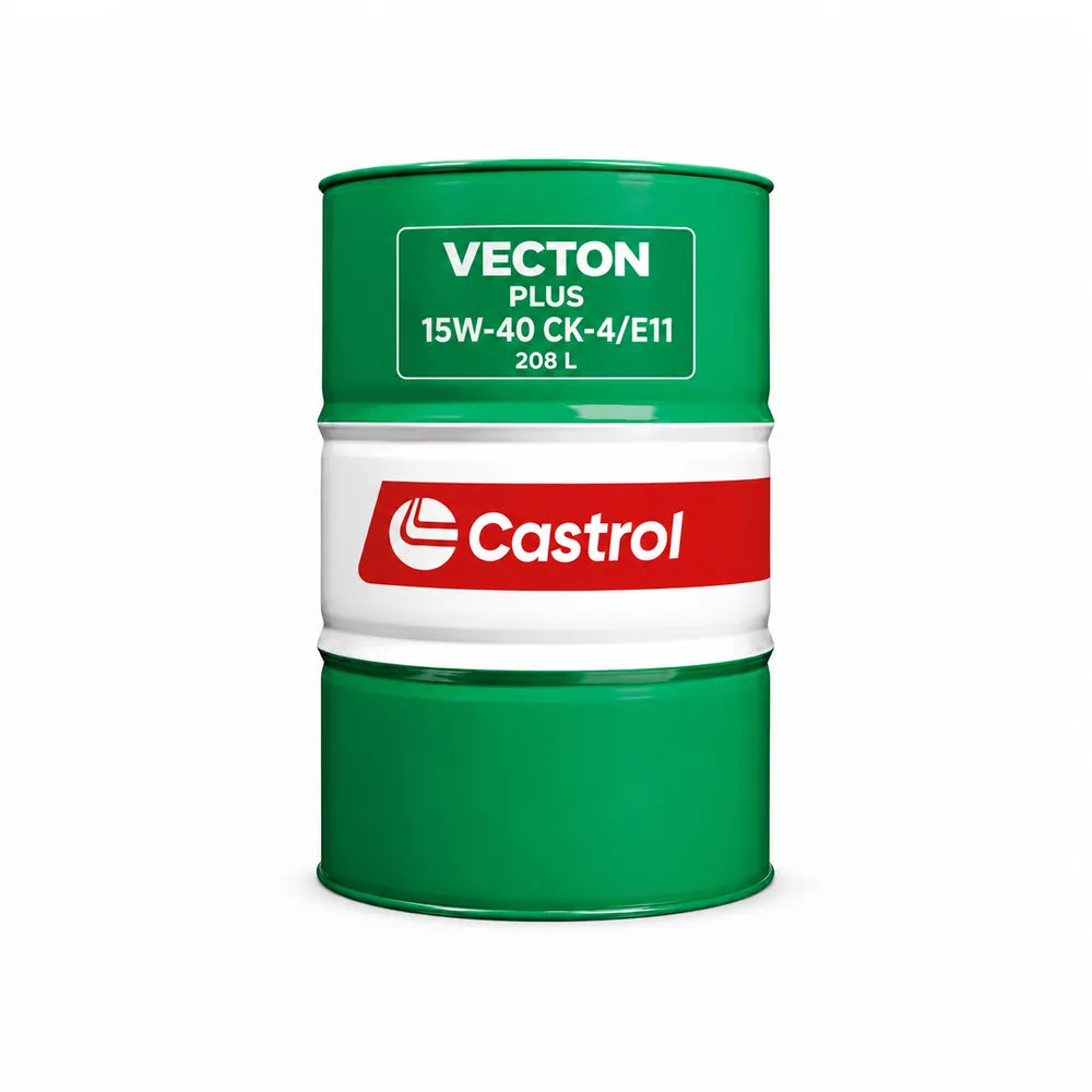 Castrol Vecton Plus 15W-40 CK-4/E11 motorolja i 208-litersdunk, sedd framifrån.