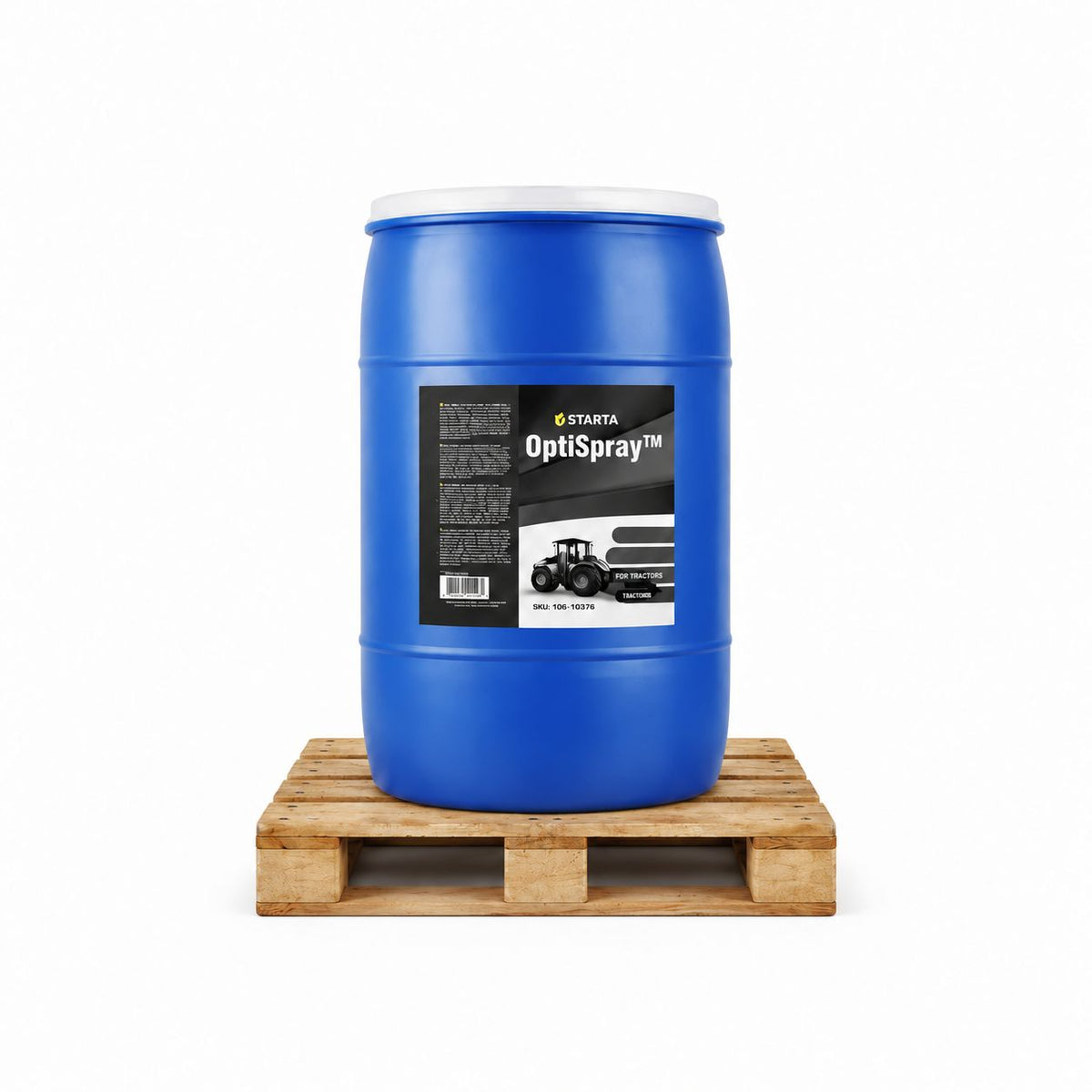 STARTA OptiSpray 210 liter – ett blått plastfat på pall.